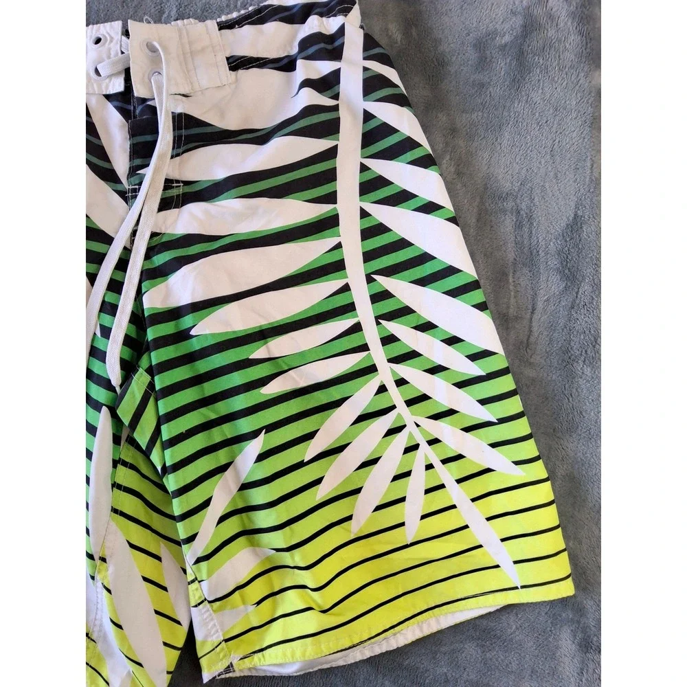 No Fear Mens Tropical Palm Stripe Board Shorts Green Yellow Swim‎ Trunk Med. Y2K